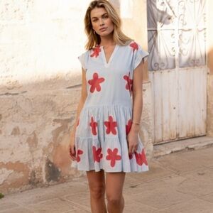 Oliphant Rolled Sleeve Short Dress Mela Blue 70s Abstract Floral Size XL